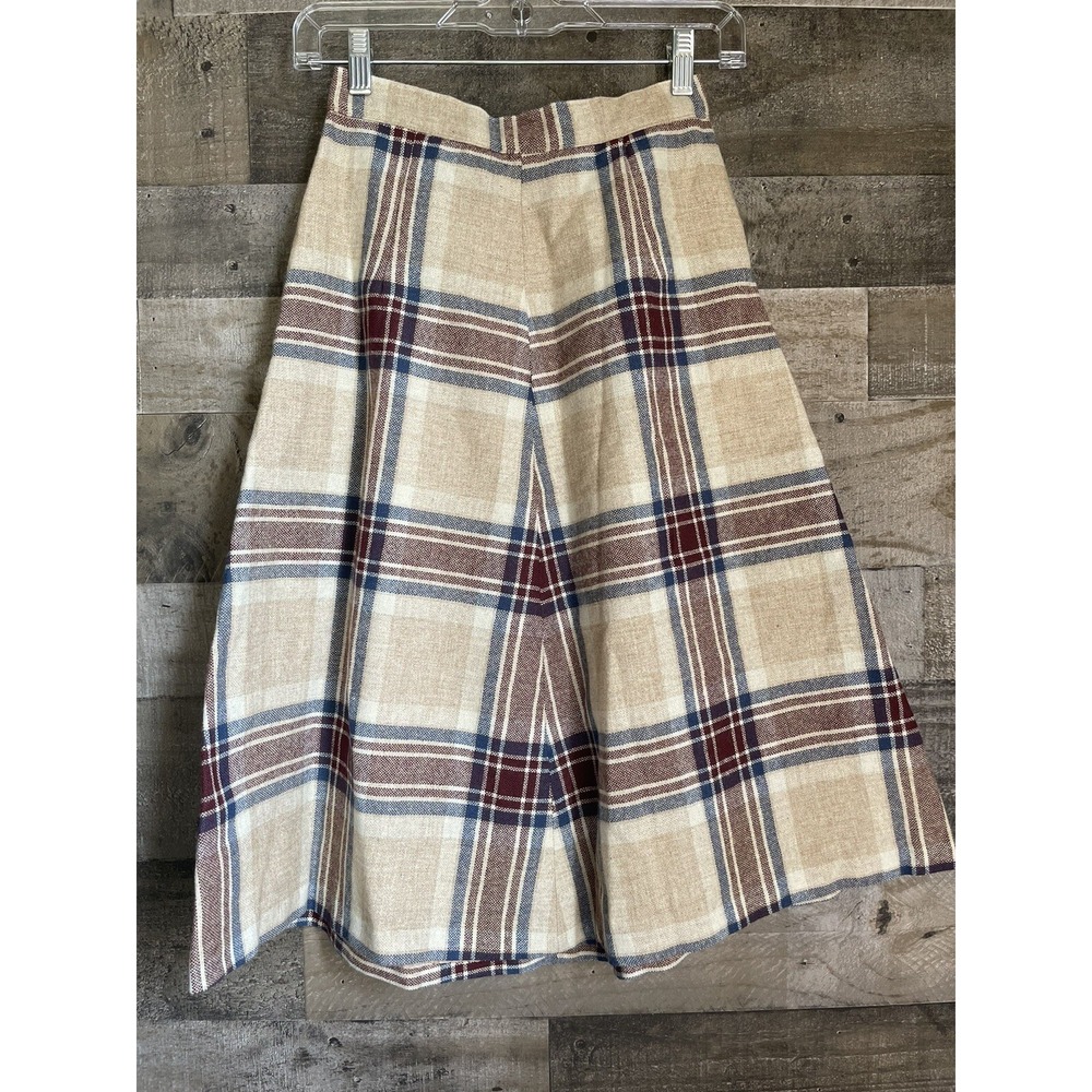 Vtg Union Made Wool Skirt Size 5 6 Tan & Blue Plaid Preppy Midi Knee School Girl - Picture 4 of 6